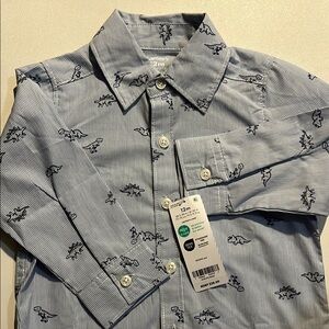 Boys' Blue Striped Shirt with Dinosaur Print